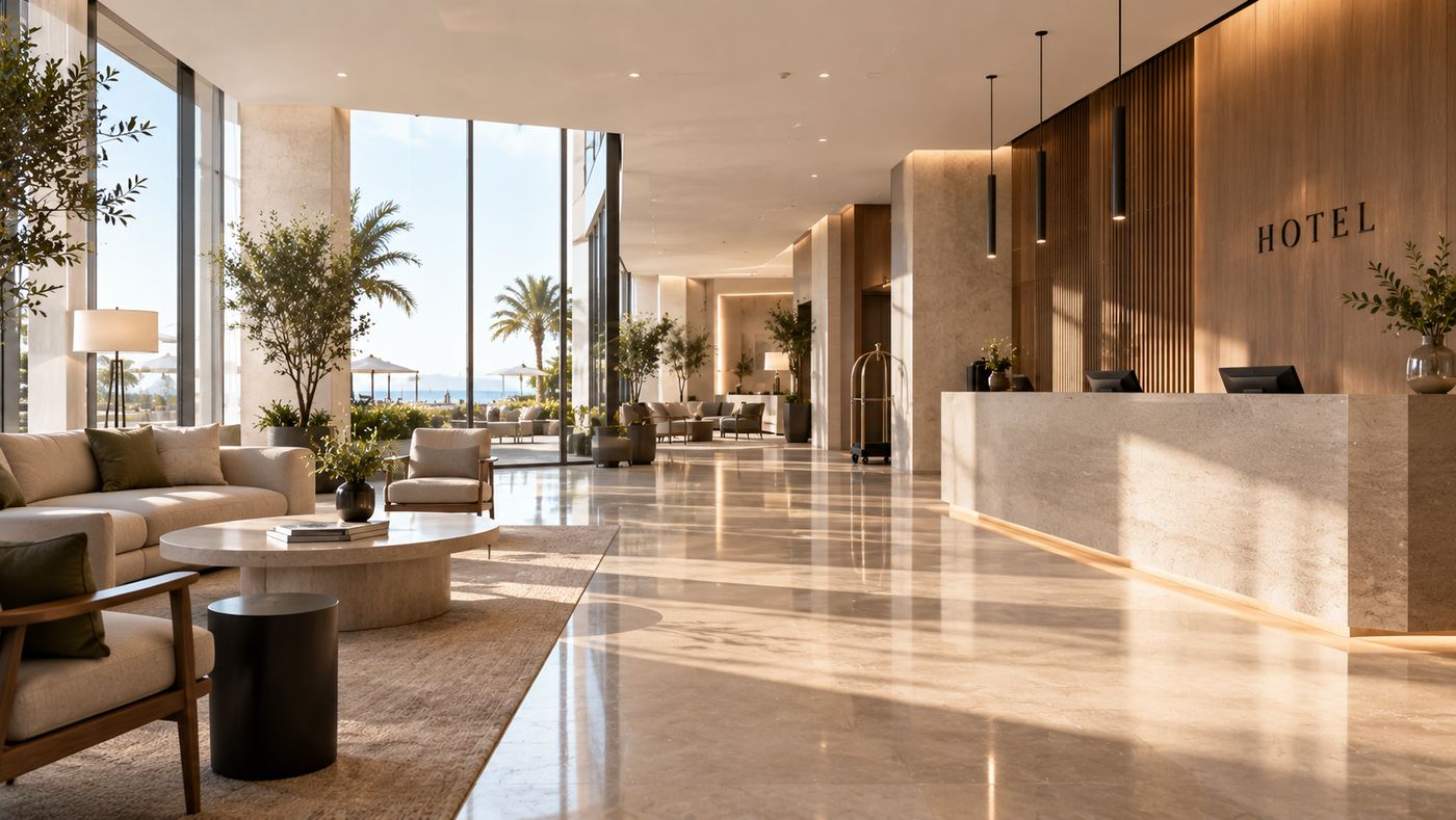 Vestíbulo de hotel impecable con suelo de mármol brillante