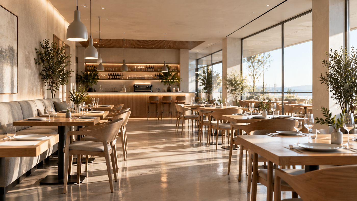 Sala de restaurante limpia, con las mesas puestas y lista para abrir